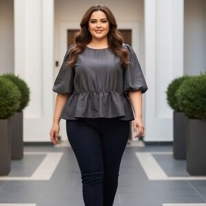 Puff Sleeve Peplum Blouse Black Cocktail Party Evening Office Glam H&M Size XXL